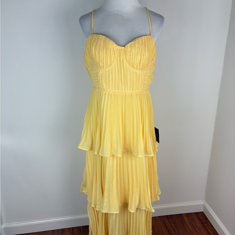 NWT Lulus Cascading Crush Butter Yellow Tiered Bustier Midi Dress - Size L - Picture 3 of 7